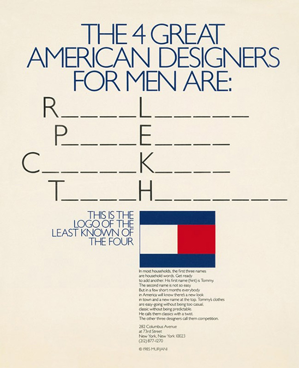 First ad for Tommy Hilfiger, comparing him to three famous designers of men's fashion
